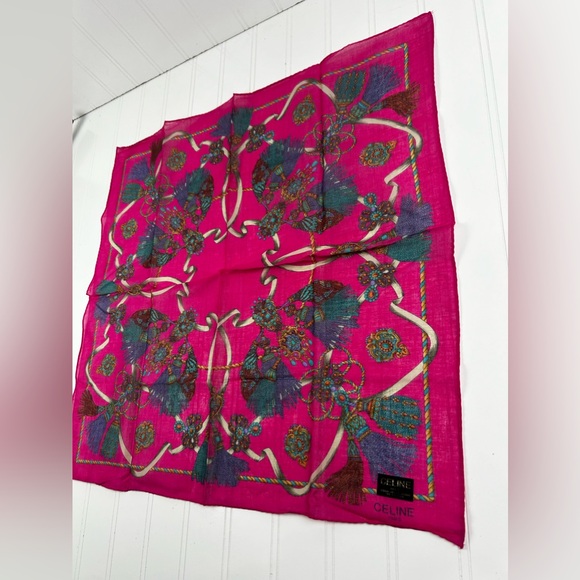 Celine Paris Pink Blue Gold Multi Color Scarf Handkerchief - Picture 5 of 7